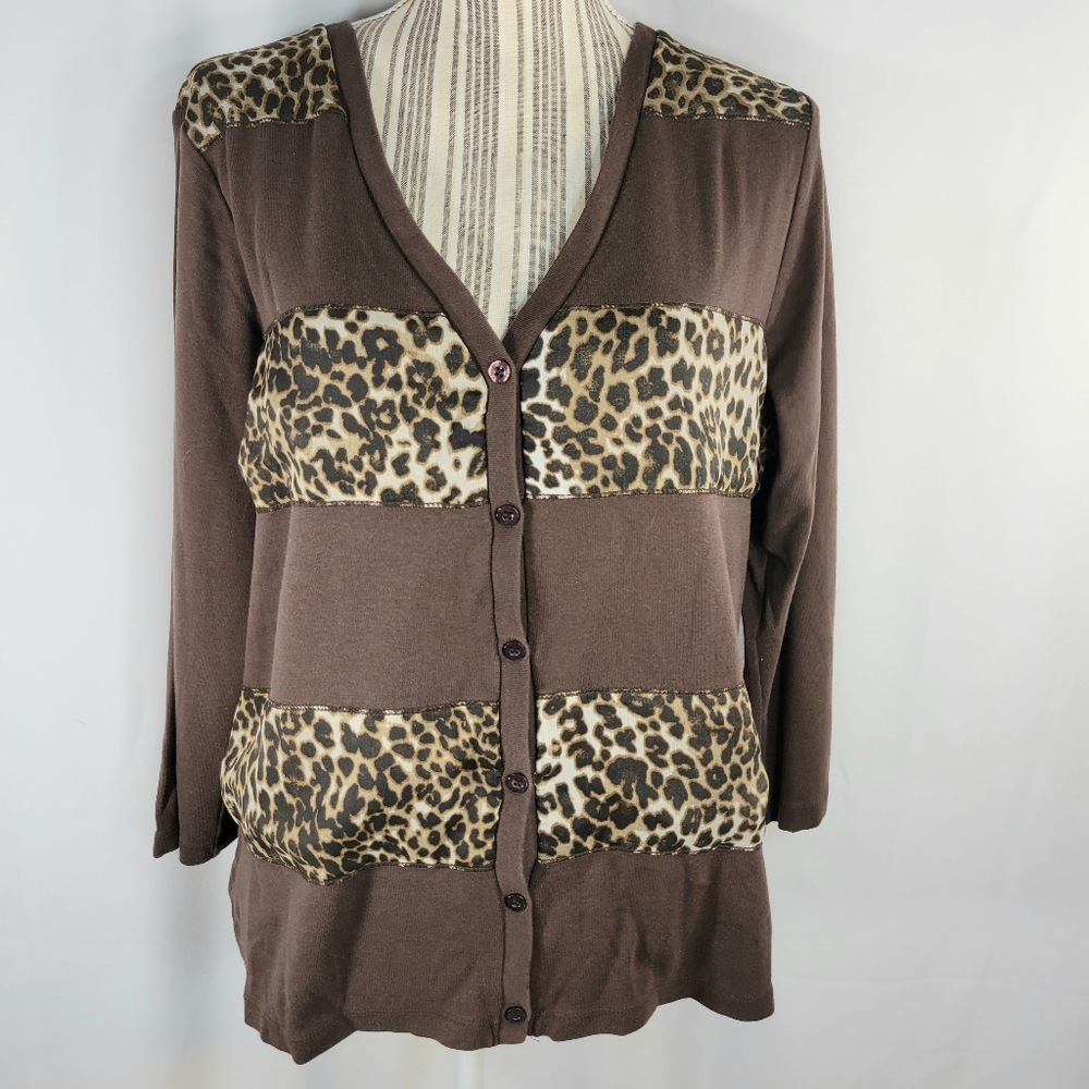 rafaella Brown Blocks of Animal Print V Neck Long Sleeve Cardigan Size XLarge